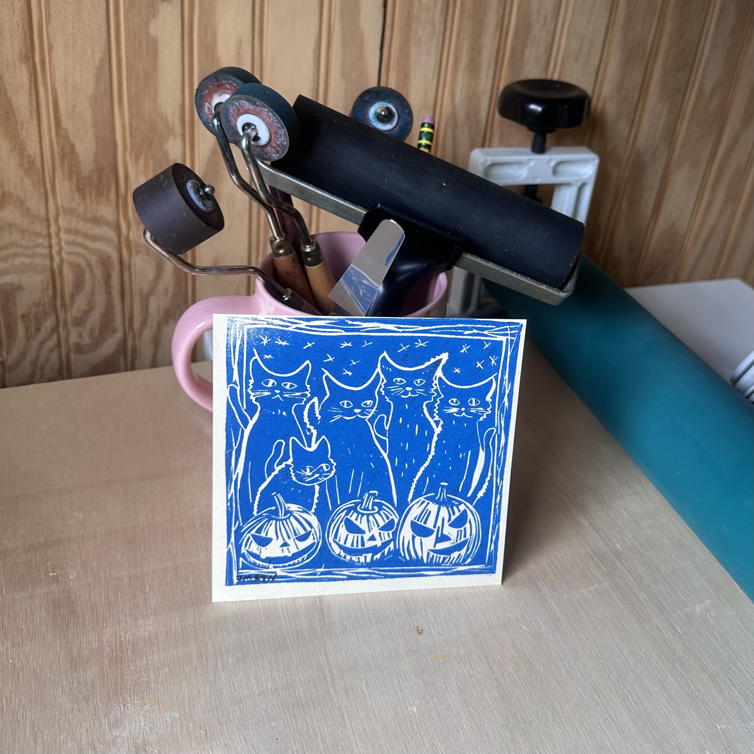 Cats & Pumpkins Halloween Block Print Artwork