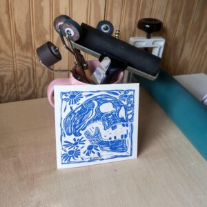 Skull & Daisies Block Print Artwork