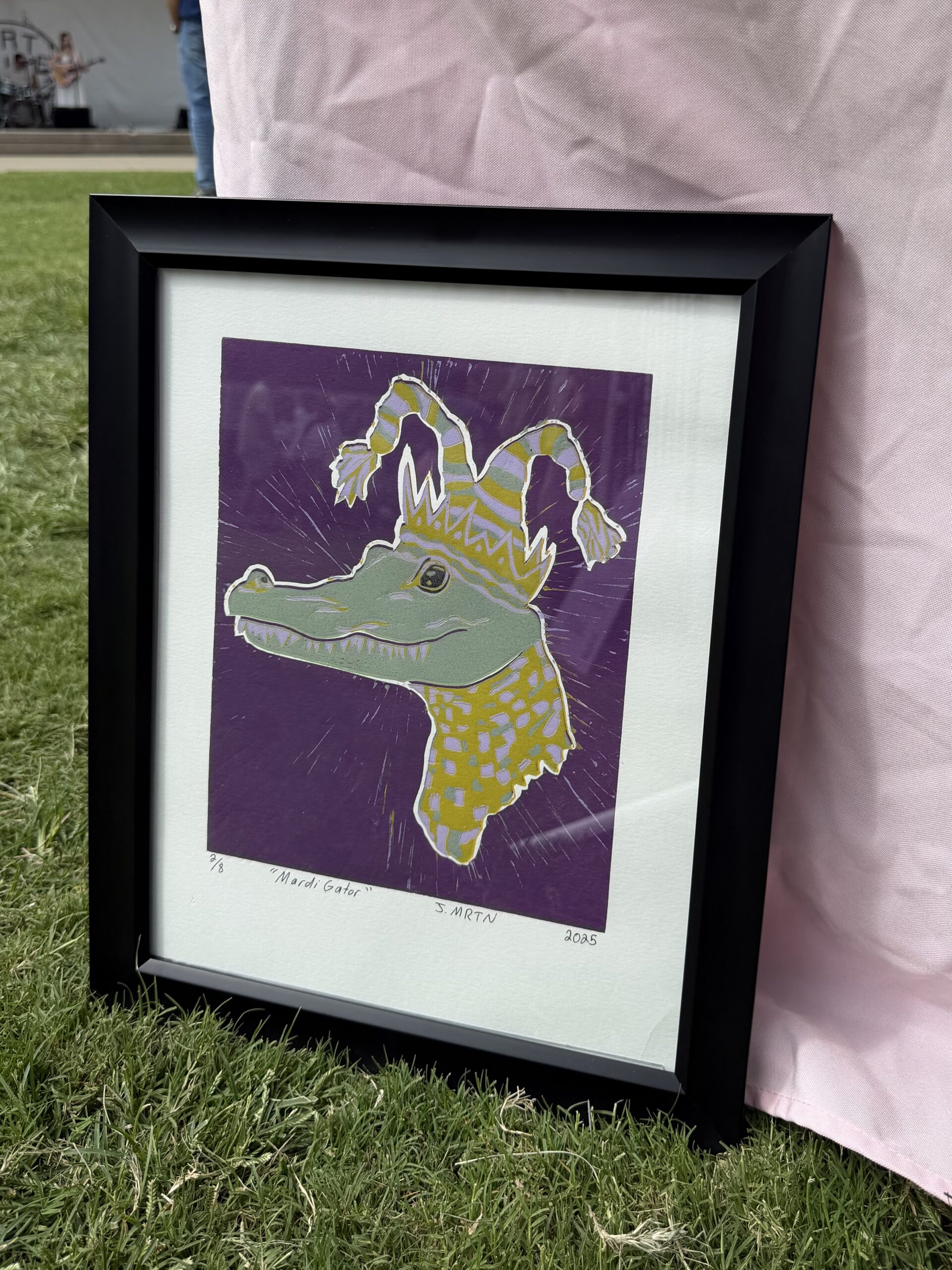 "Mardi Gator" Reduction Linocut