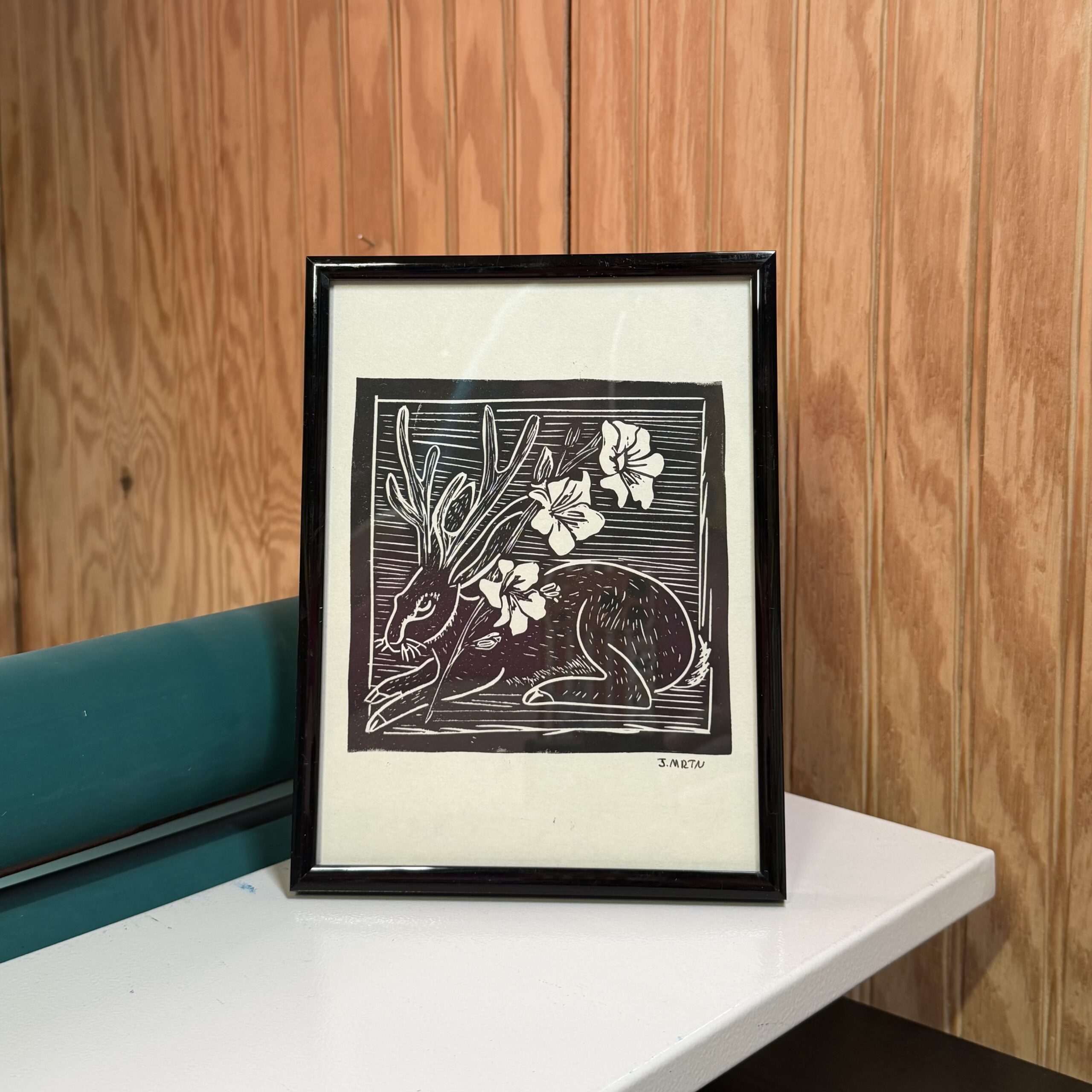 Jackalope & Gladiolus Lino Print Artwork