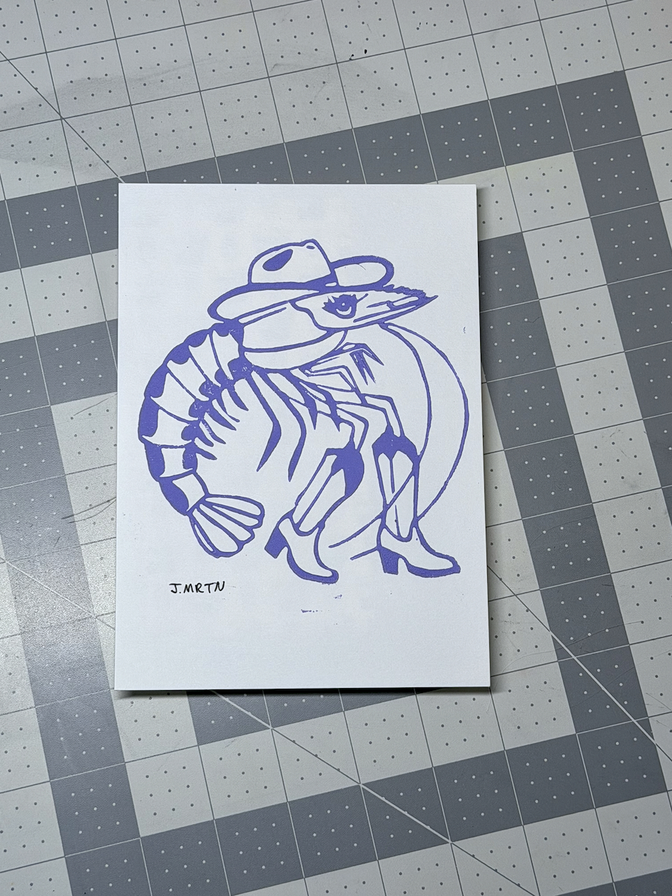 Cowgirl Shrimp Showgirl Lino Print Artwork