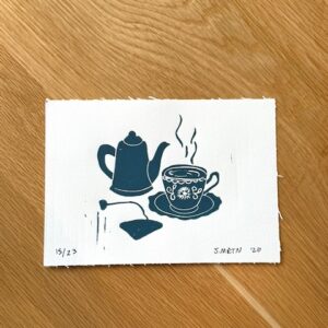 Tea Time Scene Linocut Artwork