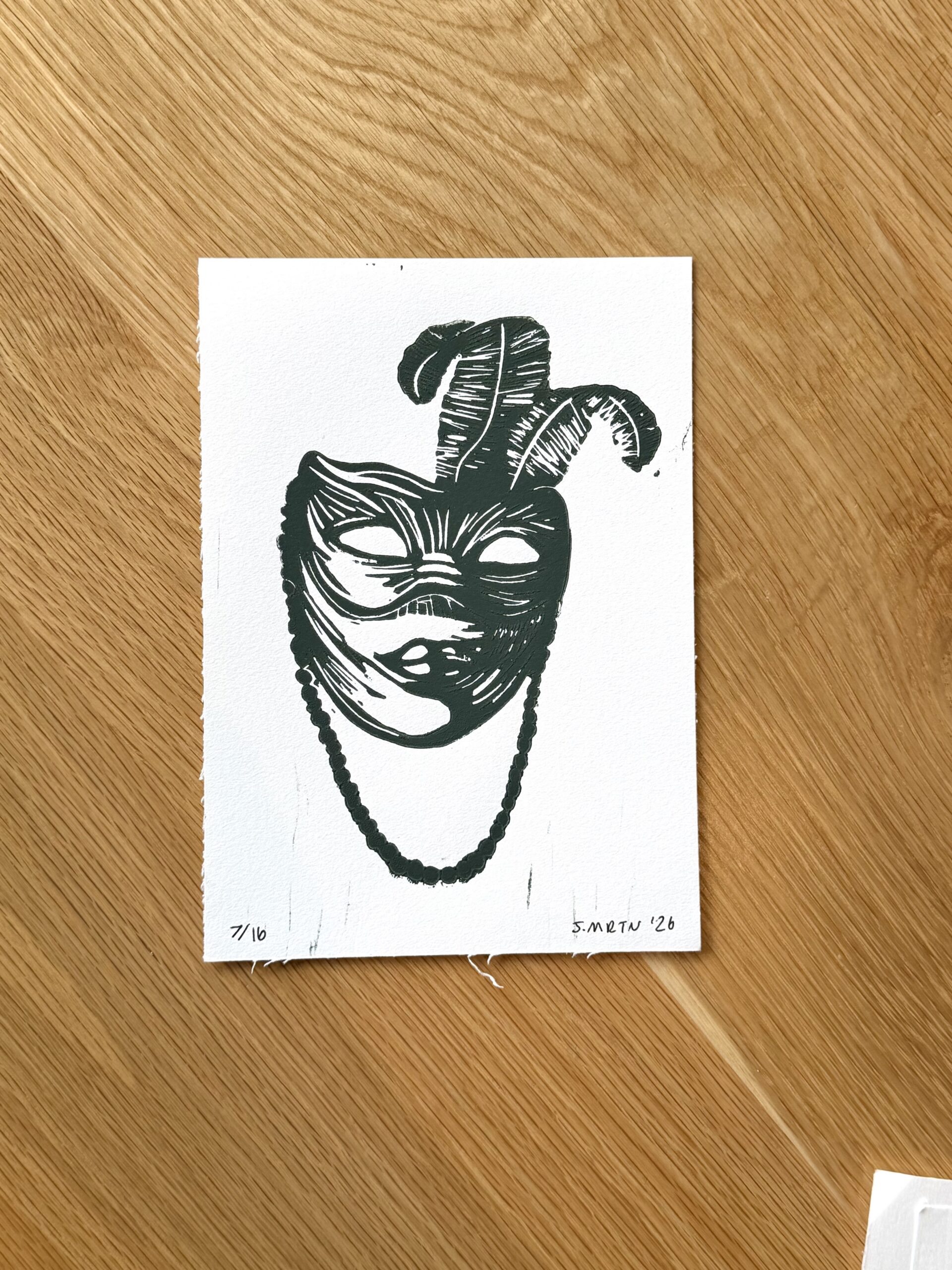 Mardi Gras Mask Linocut Artwork