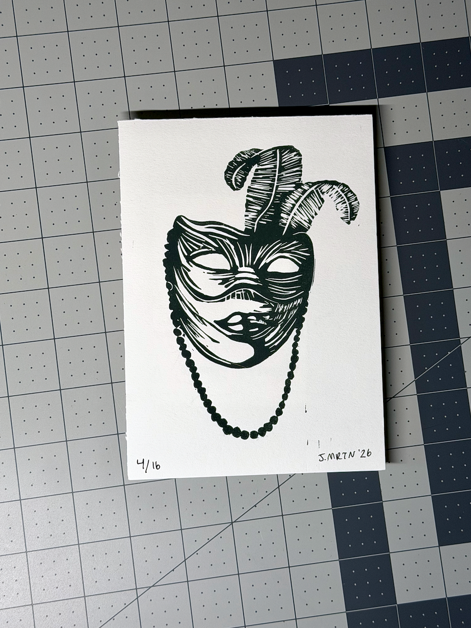 Mardi Gras Mask Linocut Artwork