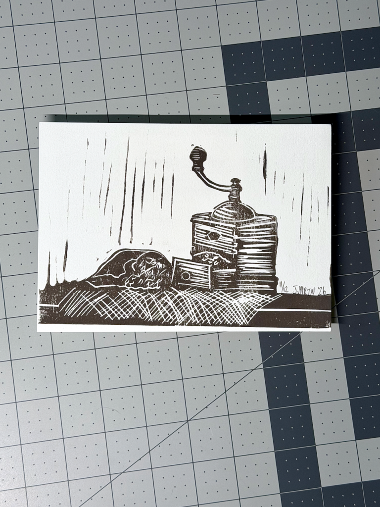 Vintage Coffee Bean Mill Linocut Artwork