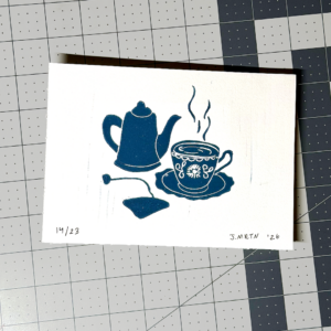 Tea Time Scene Linocut Artwork