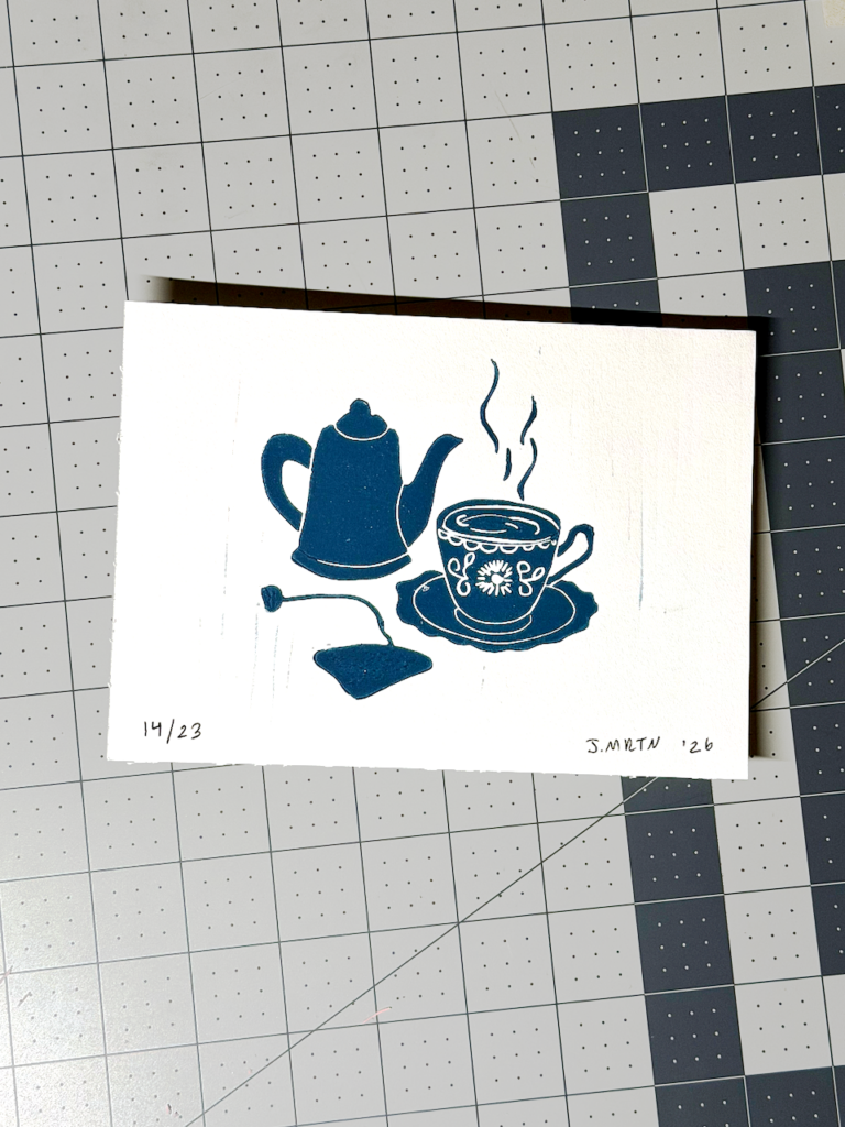 Tea Time Scene Linocut Artwork