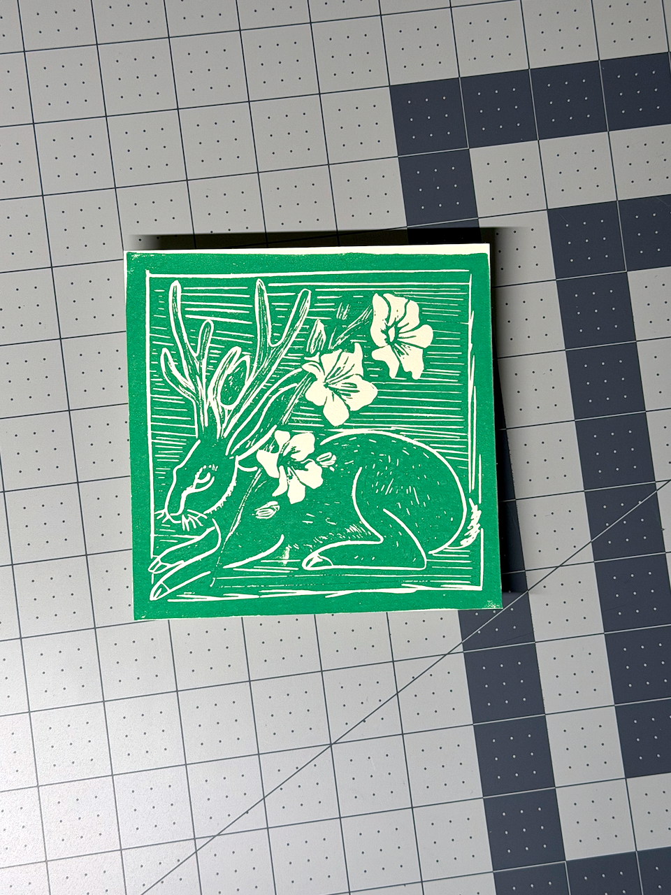 Jackalope & Gladiolus Lino Print Artwork - Image 2