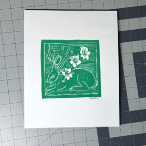 Jackalope & Gladiolus Lino Print Artwork