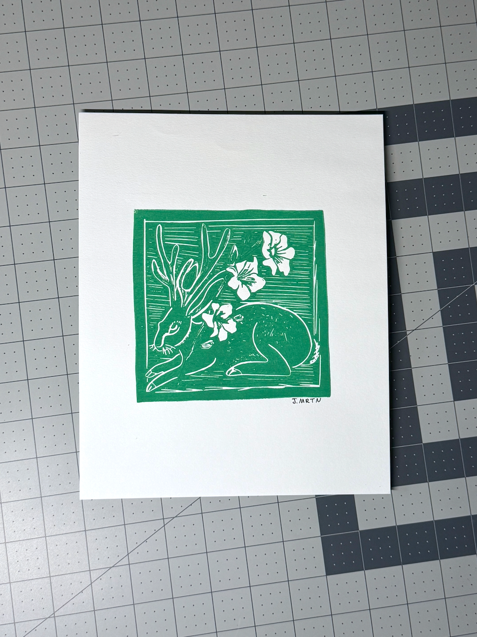 Jackalope & Gladiolus Lino Print Artwork