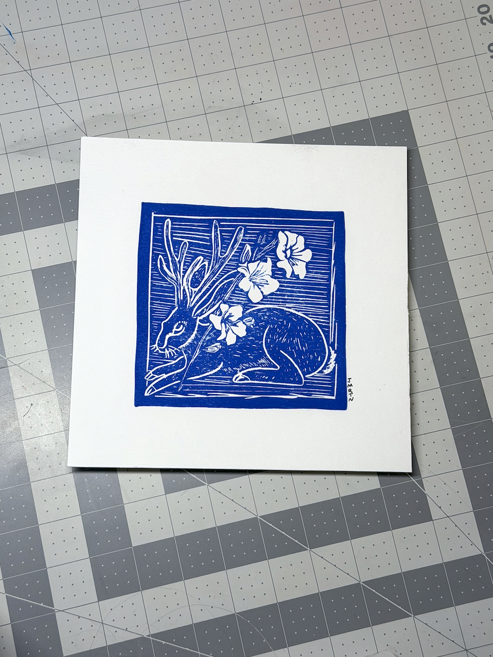 Jackalope & Gladiolus Lino Print Artwork - Image 3