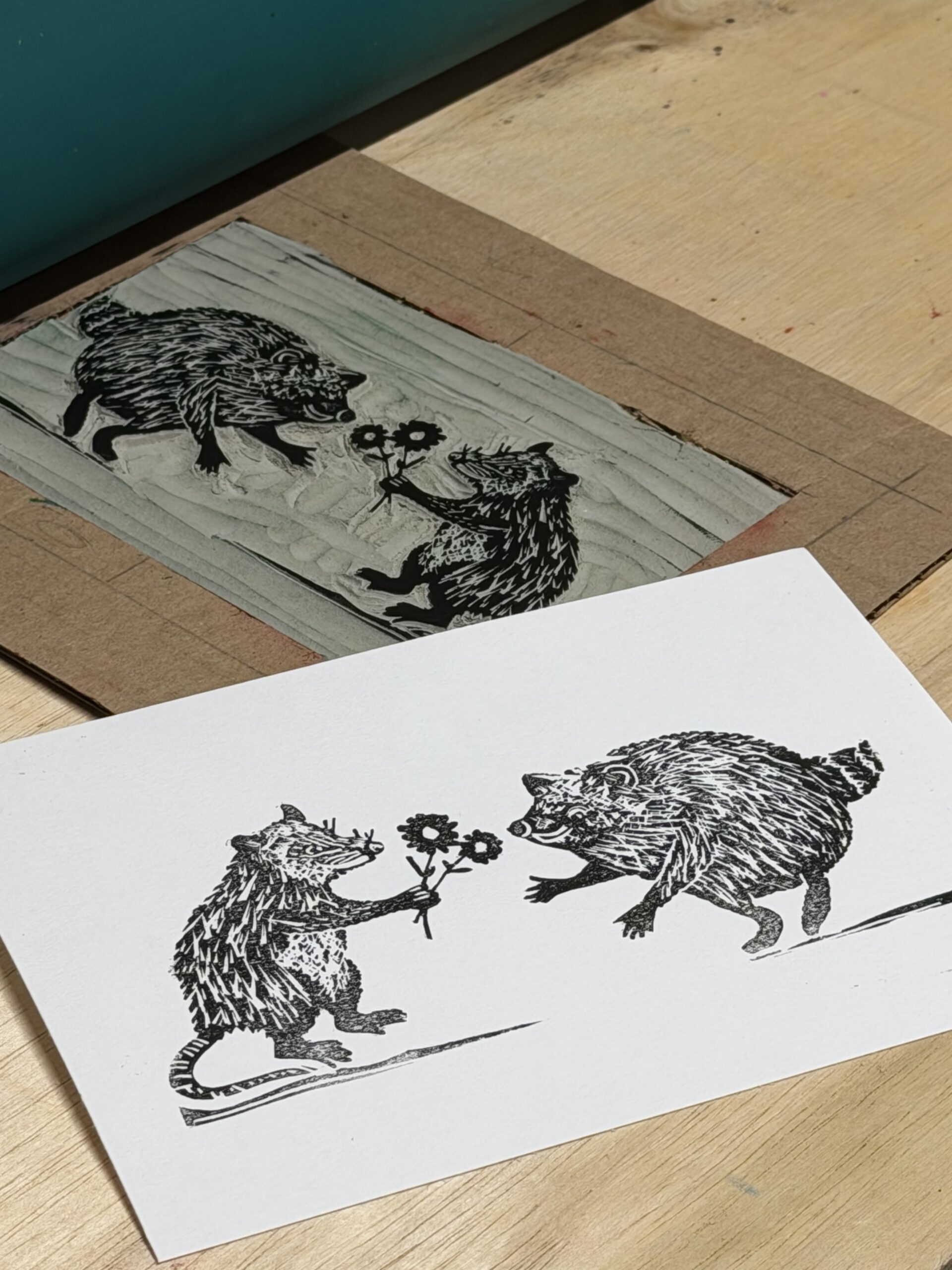 Opossum & Jimothy Linocut Artwork